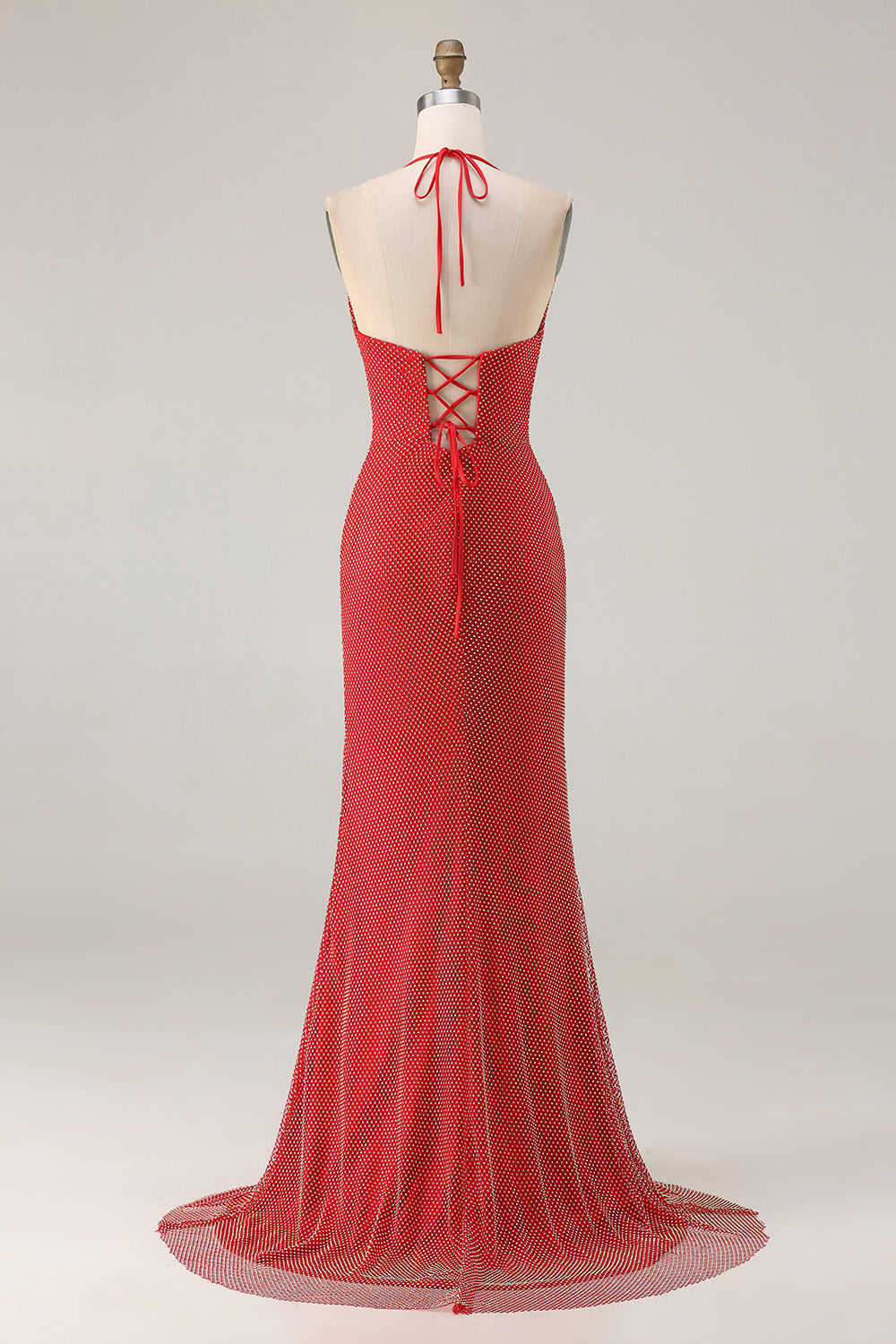 Plus Size Sparkly Red Beaded Halter Mermaid Long Prom Dress with Slit