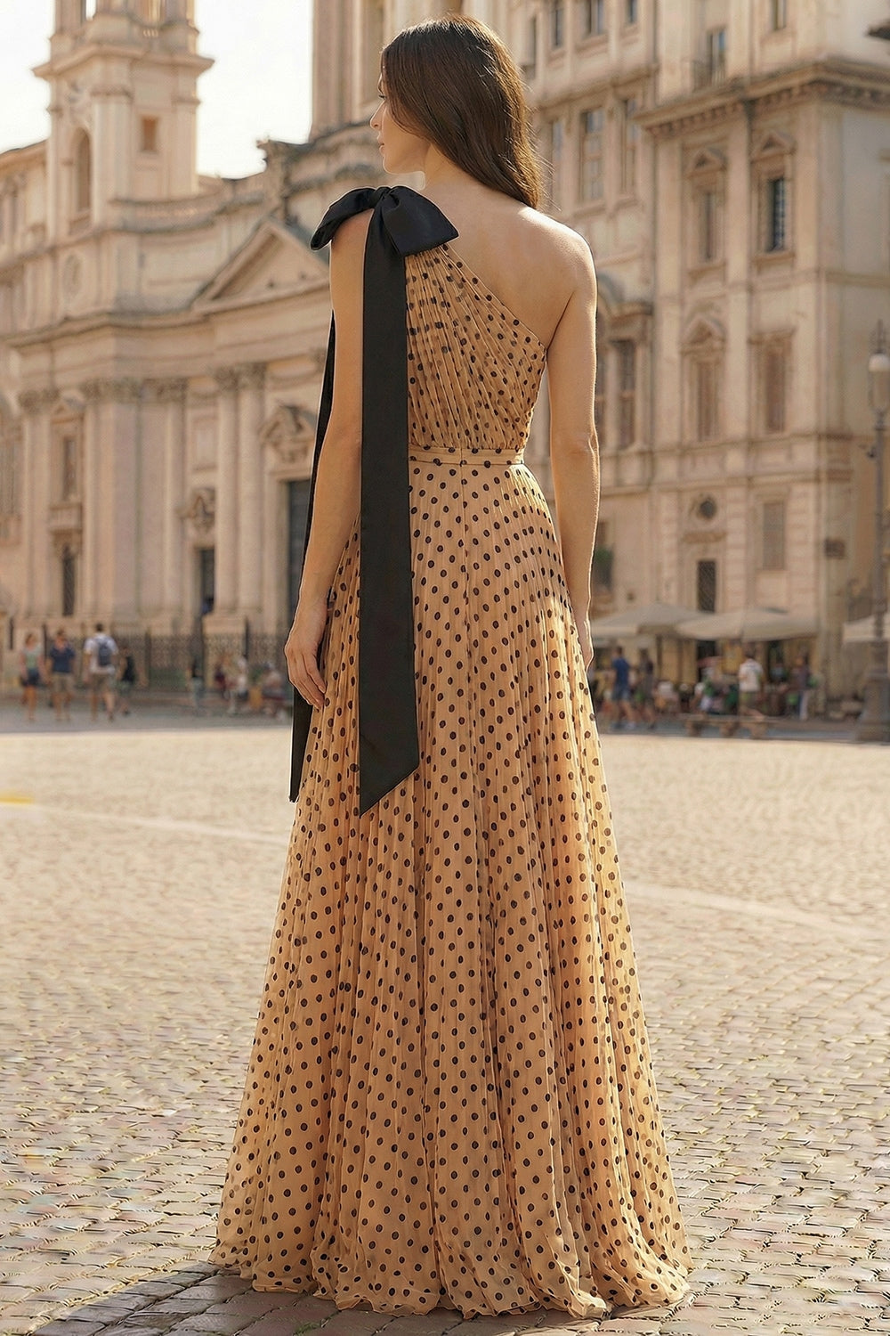 Black and Apricot Polka Dots A Line One Shoulder Long Prom Dress with Bow