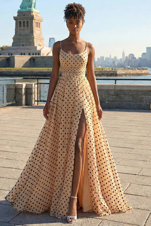 Black and Apricot Polka Dots Spaghetti Straps A Line Long Prom Dress with Slit