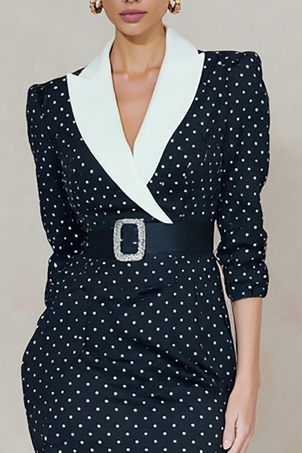 Navy and White Dots Peak Lapel Midi Blazer Dress with Slit