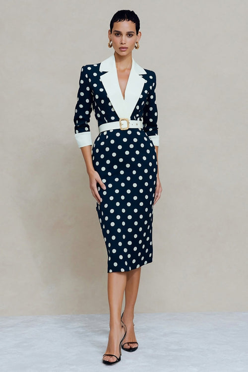 Navy and White Dots Notched Lapel Pencil Midi Blazer Dress with Belt