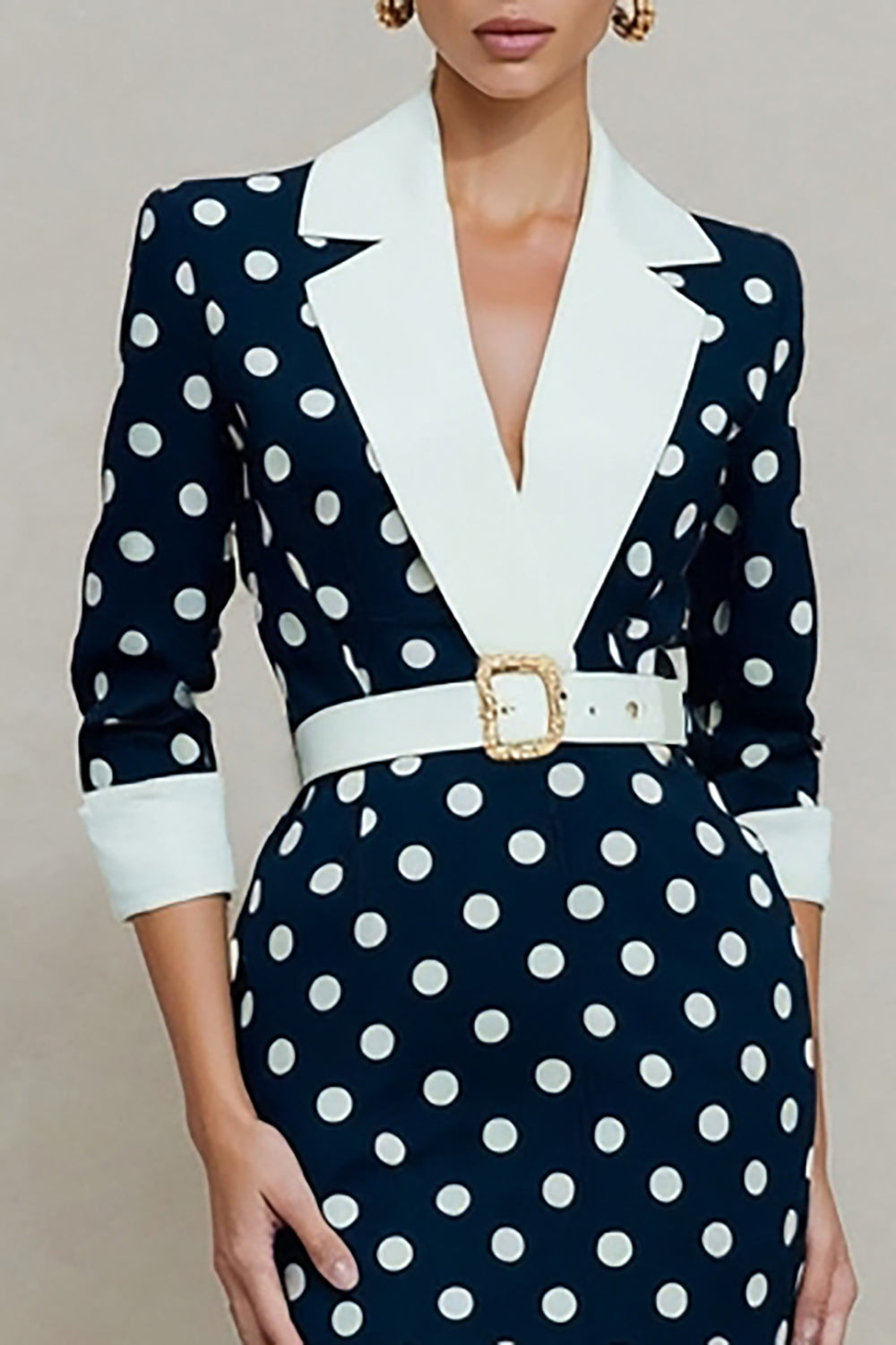 Navy and White Dots Notched Lapel Pencil Midi Blazer Dress with Belt