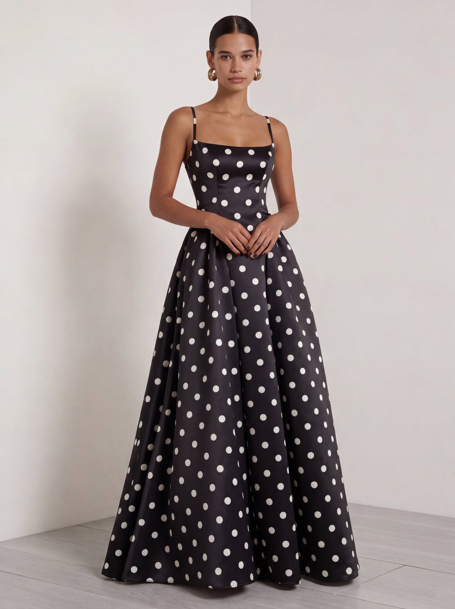 Black and White Polka Dots  A Line Satin Spaghetti Straps Long Formal Dress