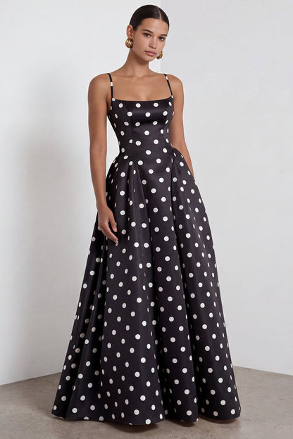 Black and White Polka Dots  A Line Satin Spaghetti Straps Long Formal Dress