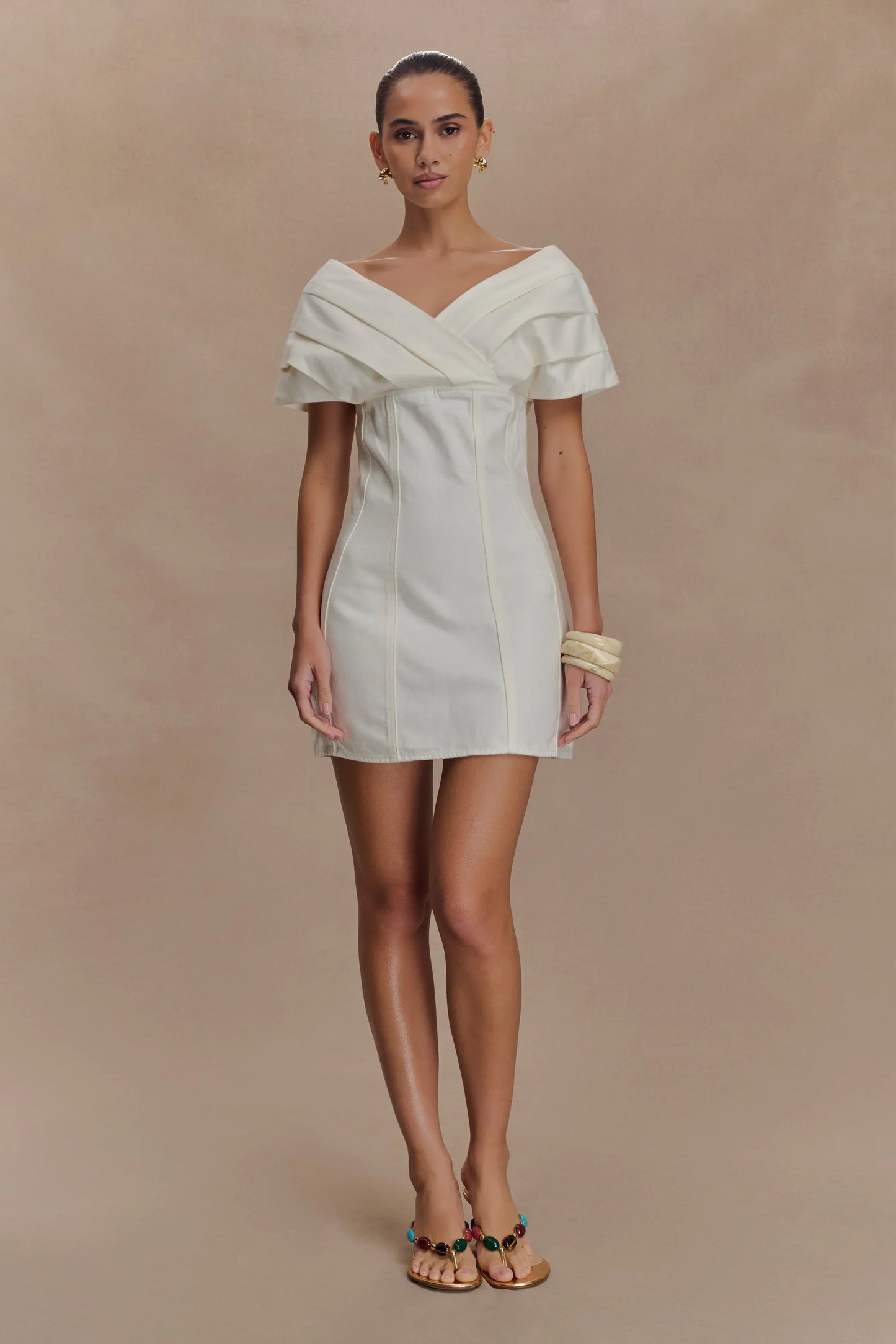 Pascale Off Shoulder Denim Mini Dress - White