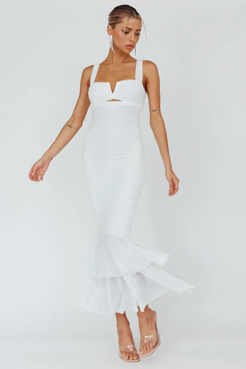 Nadia Ruched Fishtail Maxi Dress White