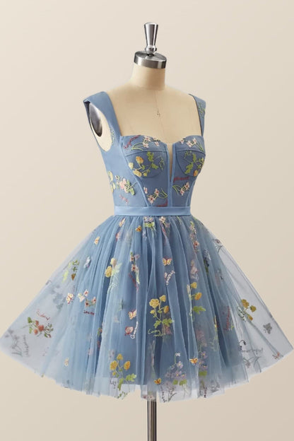 Cap Sleeves Blue Floral A-line Short Dress