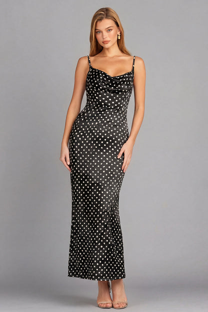 Black and White Dots Mermaid Spaghetti Straps Maxi Wedding Guest Dress