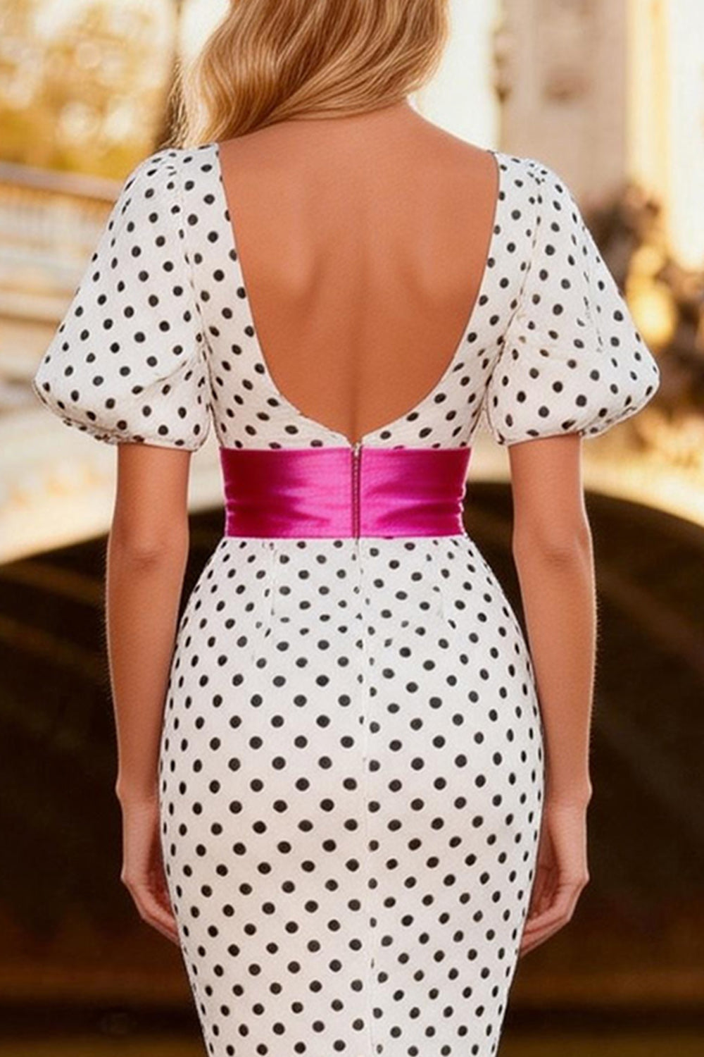 Black and White Ruffled Polka Dots Mermaid Puff Sleeves High-Low Prom Dress