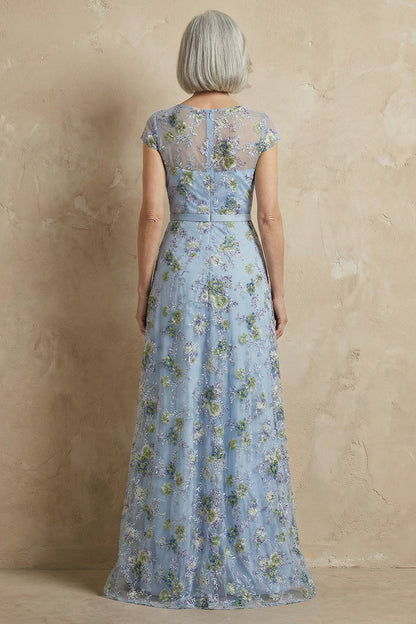 Plus Size Blue Round Neck Floral A Line Appliqued Long Mother of the Bride Dress