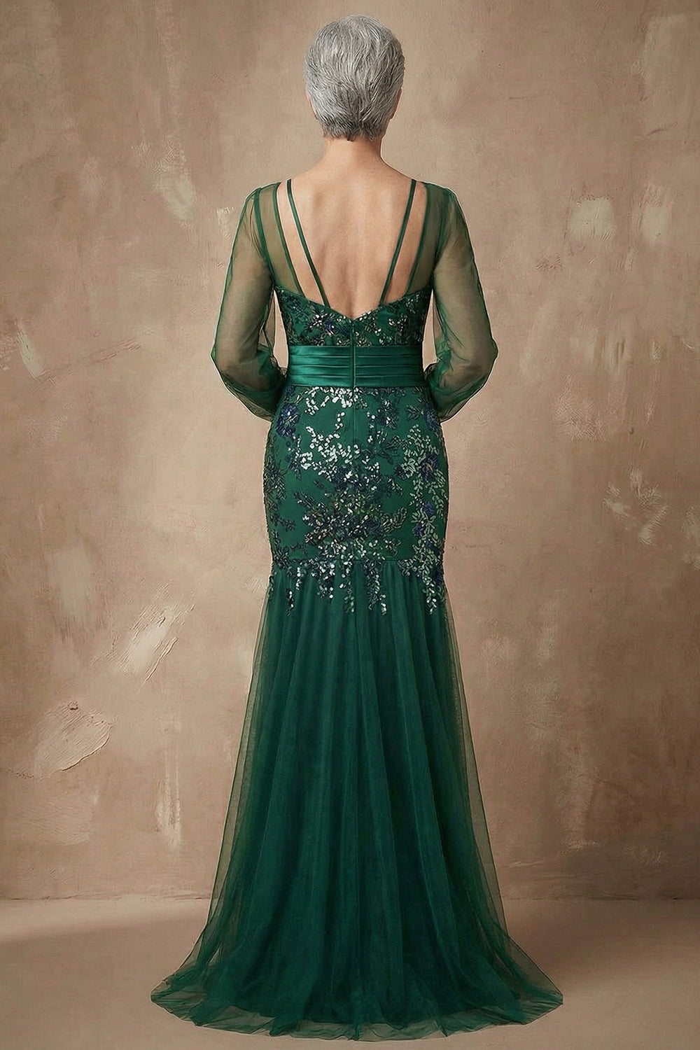 Sparkly Plus Size Dark Green Floral Appliqued Mermaid Long Sleeves Mother of the Bride Dress
