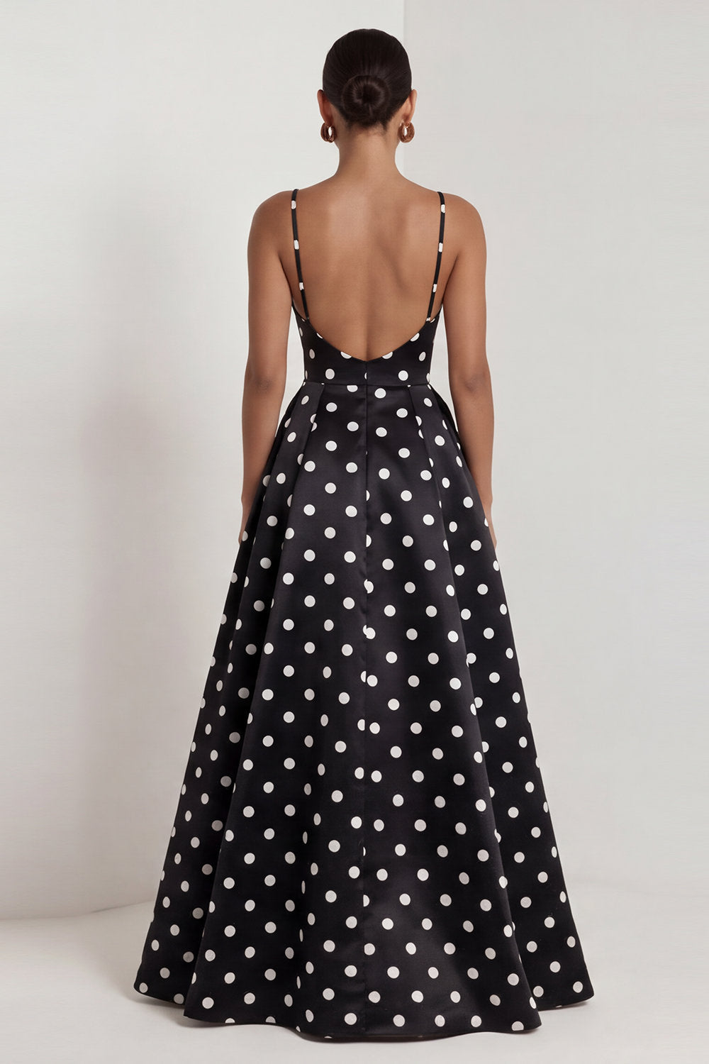 Black and White Polka Dots Ruched Long A Line Formal Dress