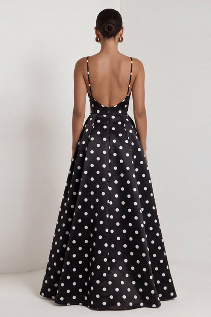 Black and White Polka Dots Ruched Long A Line Formal Dress