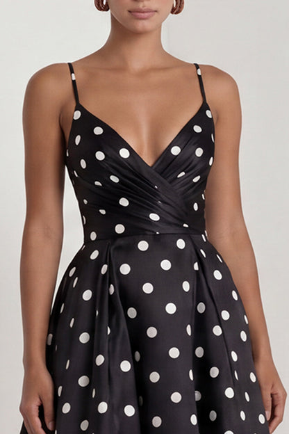 Black and White Polka Dots Ruched Long A Line Formal Dress