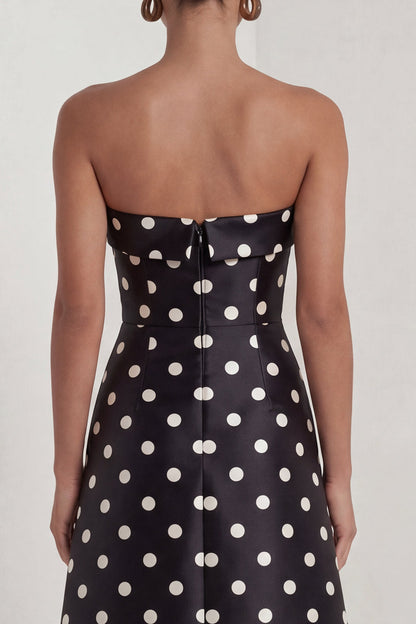 Strapless Black and White Polka Dots Long A Line Formal Dress with Slit