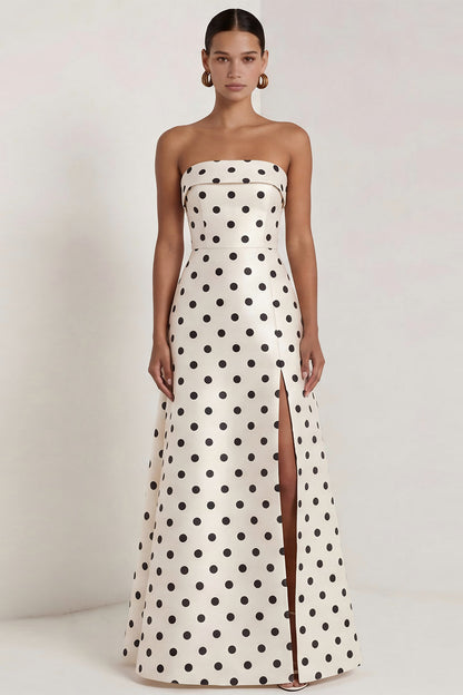 Strapless Black and White Polka Dots Long A Line Formal Dress with Slit
