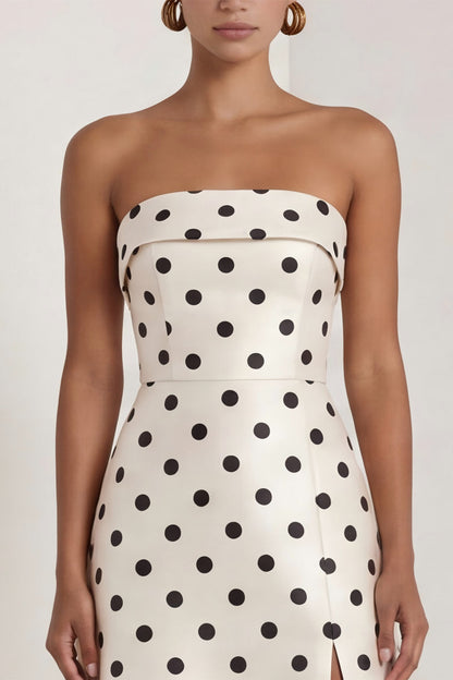 Strapless Black and White Polka Dots Long A Line Formal Dress with Slit