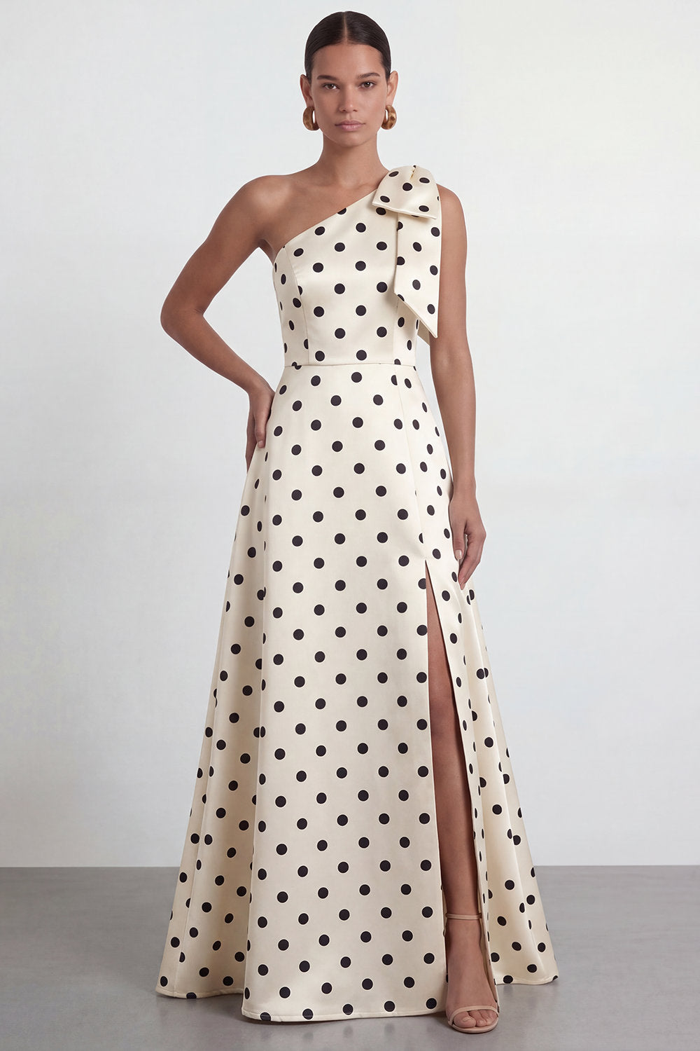 A Line Black and White Polka Dots Long Formal Dress with Bow