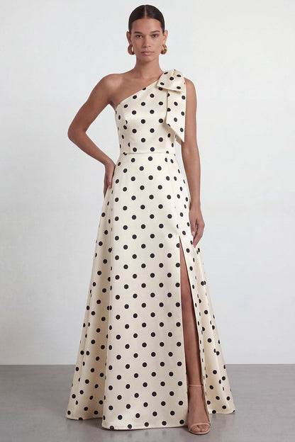 A Line Black and White Polka Dots Long Formal Dress with Bow