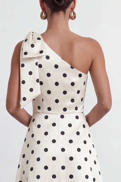 A Line Black and White Polka Dots Long Formal Dress with Bow