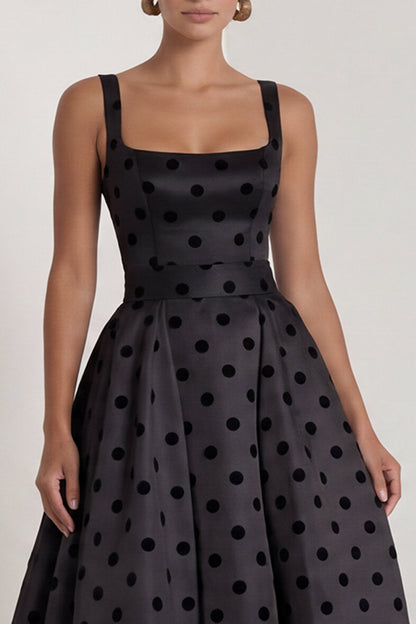 Long Square Neck A Line Black Polka Dots Formal Dress with Bow