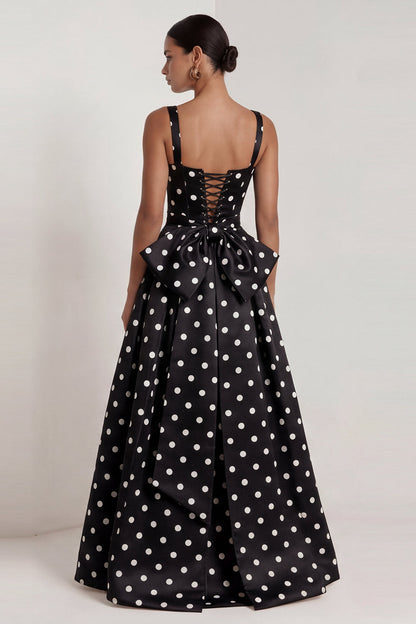 Long Square Neck A Line Black Polka Dots Formal Dress with Bow
