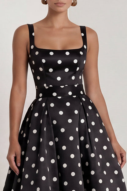 Long Square Neck A Line Black Polka Dots Formal Dress with Bow