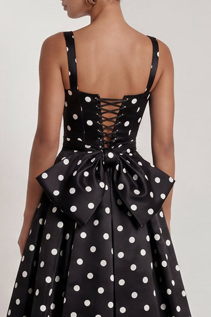 Long Square Neck A Line Black Polka Dots Formal Dress with Bow