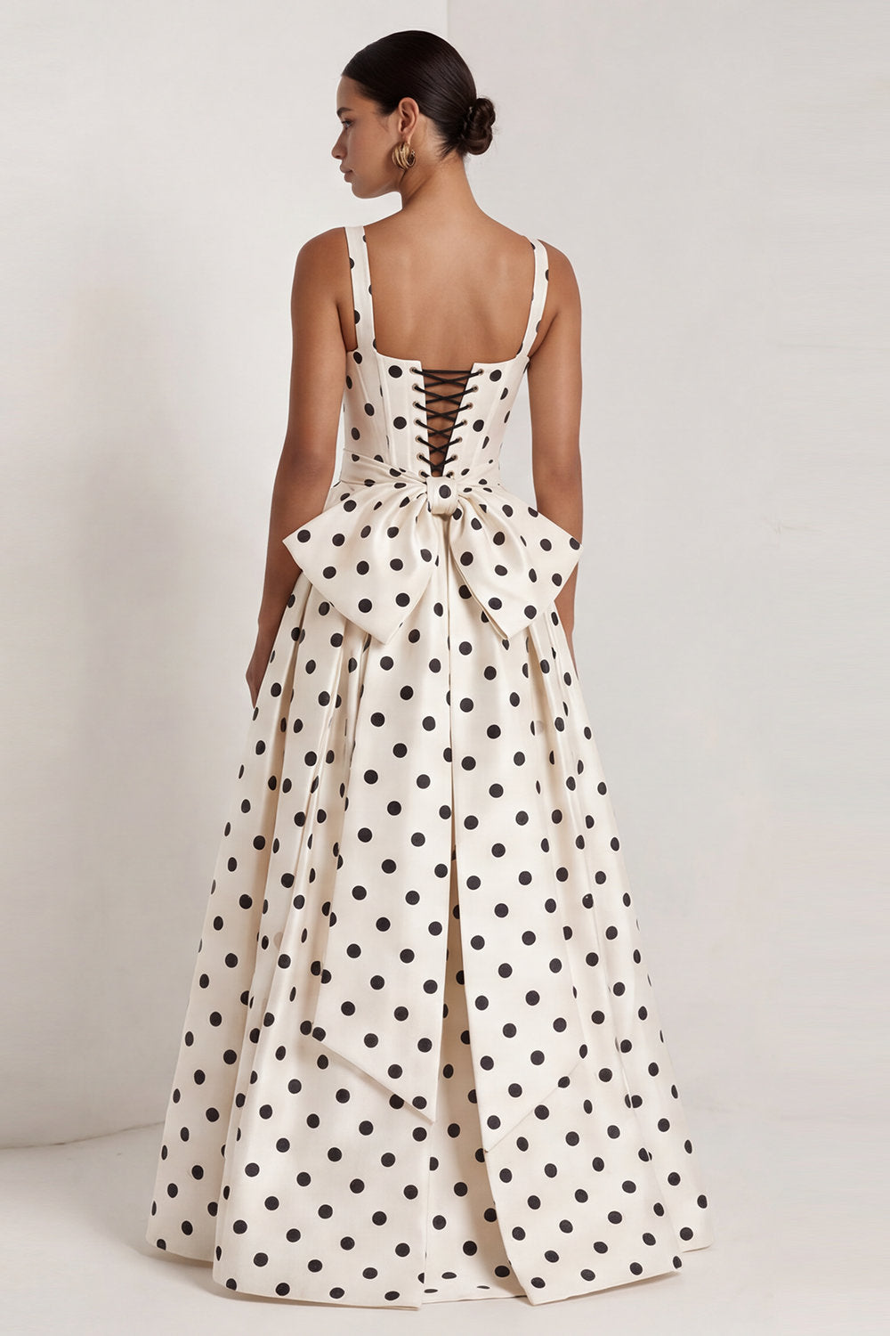 Long Square Neck A Line Black Polka Dots Formal Dress with Bow