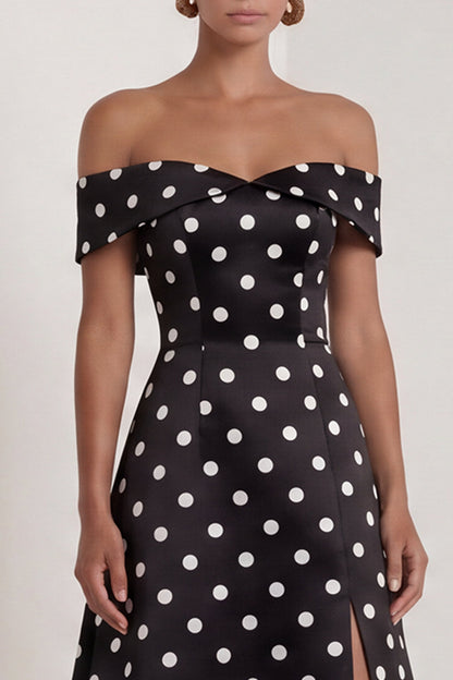 A Line Black and White Polka Dots Long Formal Dress with Slit