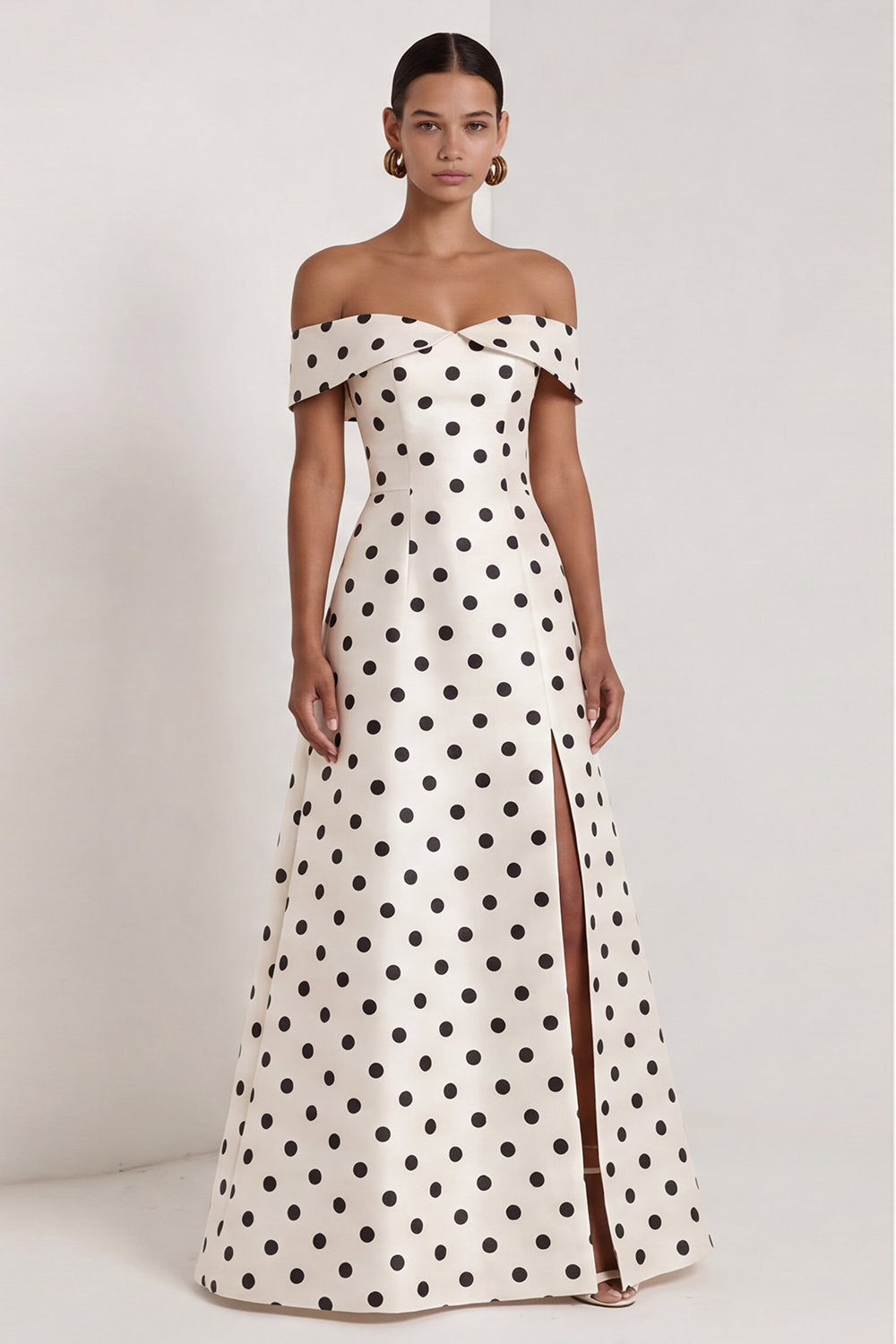A Line Black and White Polka Dots Long Formal Dress with Slit