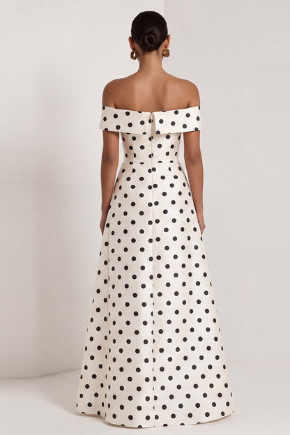 A Line Black and White Polka Dots Long Formal Dress with Slit