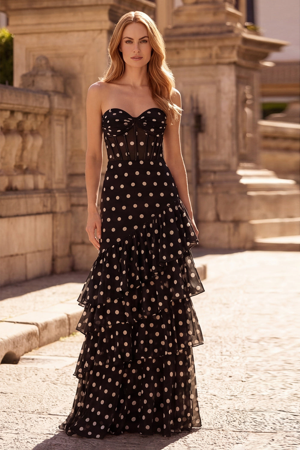 Corset Strapless Black A Line Long Prom Dress with Ruffles