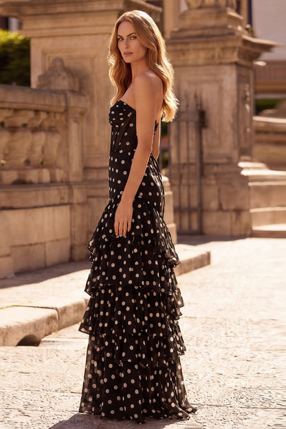Corset Strapless Black A Line Long Prom Dress with Ruffles