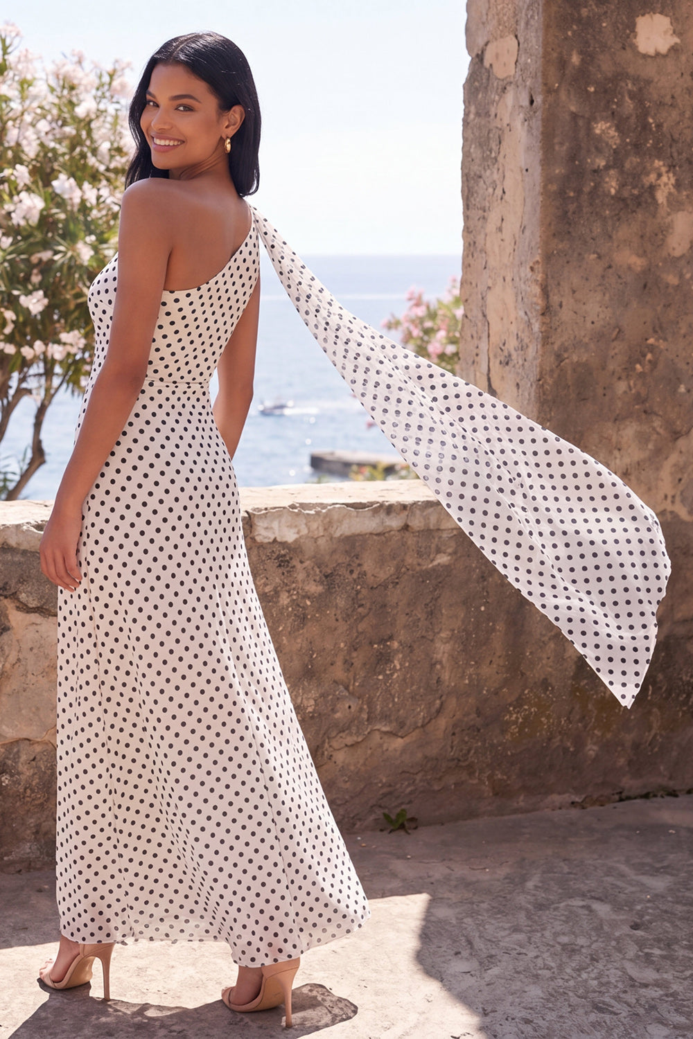 Maxi White and Black Polka Dots One Shoulder A Line Beach Wedding Guest Dress