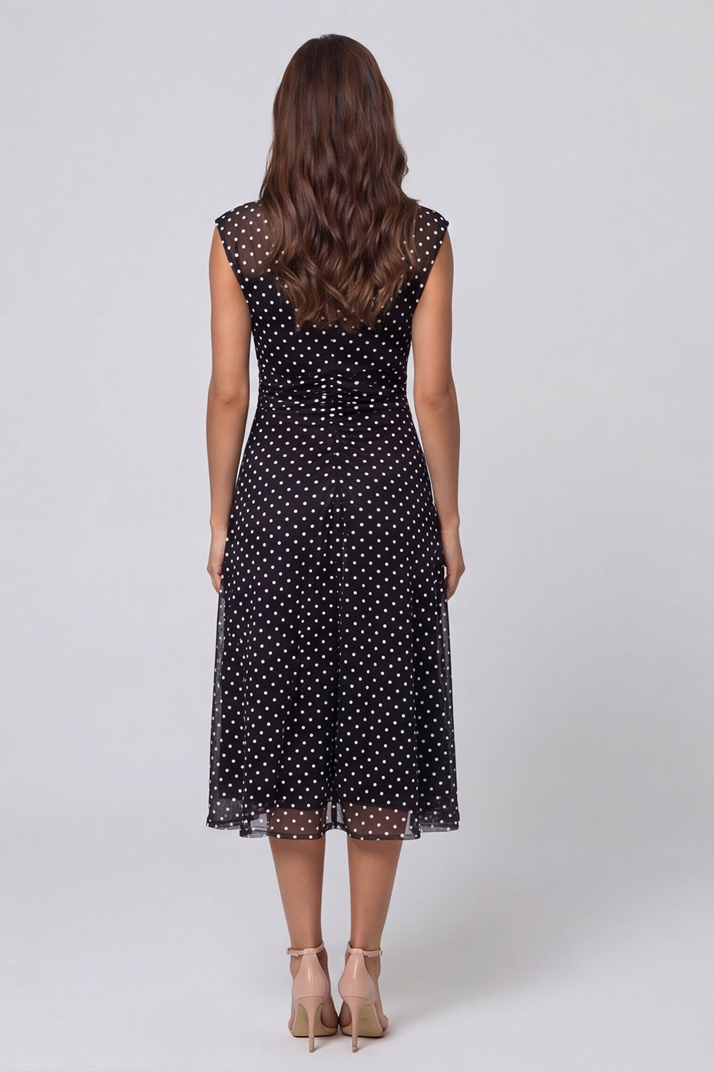 Black and White Polka Dots V-Neck Long A Line Work Dress