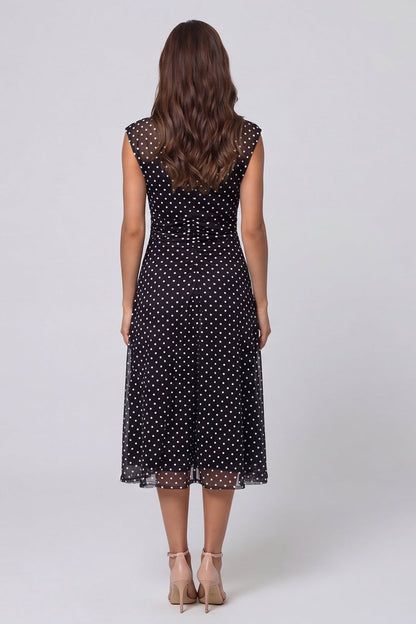 Black and White Polka Dots V-Neck Long A Line Work Dress