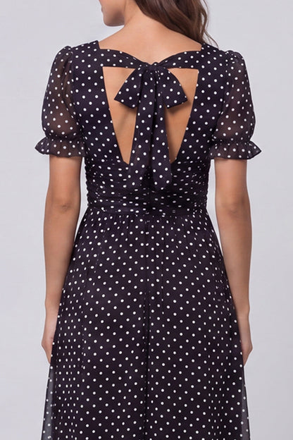 Black and White Polka Dots Short Sleeves Long A Line Work Dress