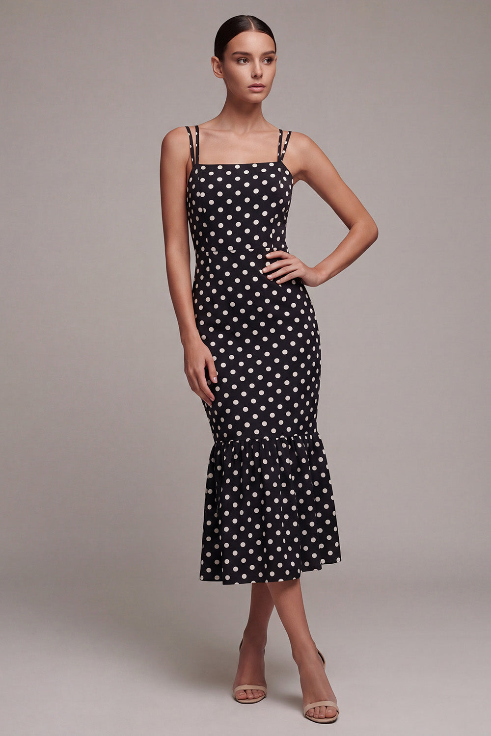 Black and White Mermaid Spaghetti Straps Maxi Polka Dots Dress