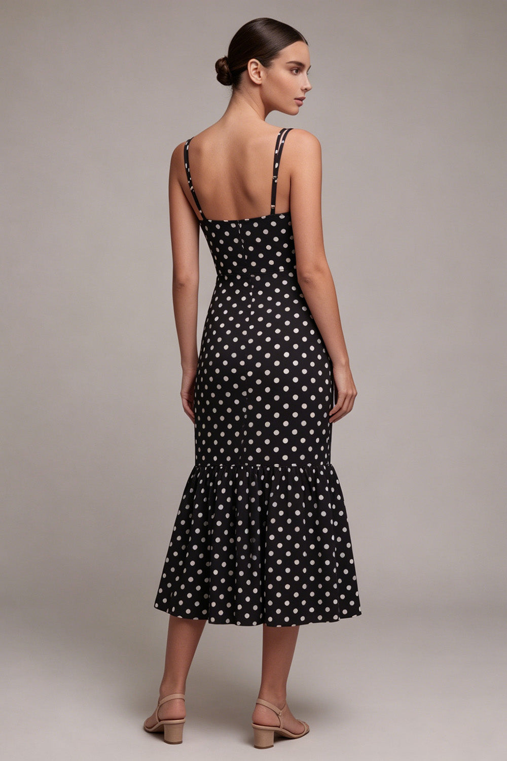 Black and White Mermaid Spaghetti Straps Maxi Polka Dots Dress