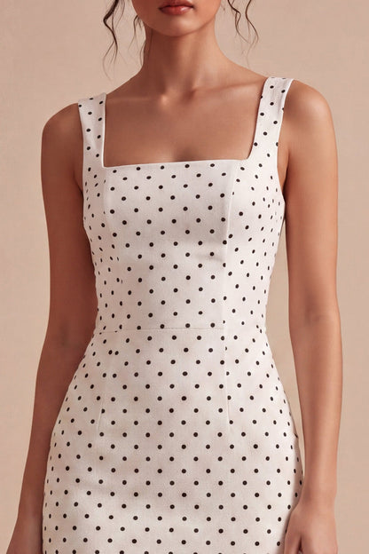 White and Black Square Neck Bodycon Midi Polka Dots Dress