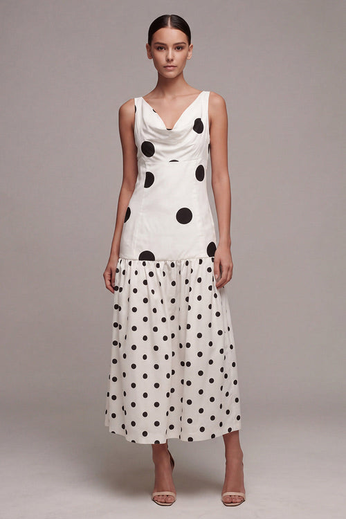 White and Black Cowl Neck A Line Maxi Polka Dots Dress
