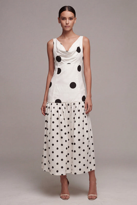 White and Black Cowl Neck A Line Maxi Polka Dots Dress