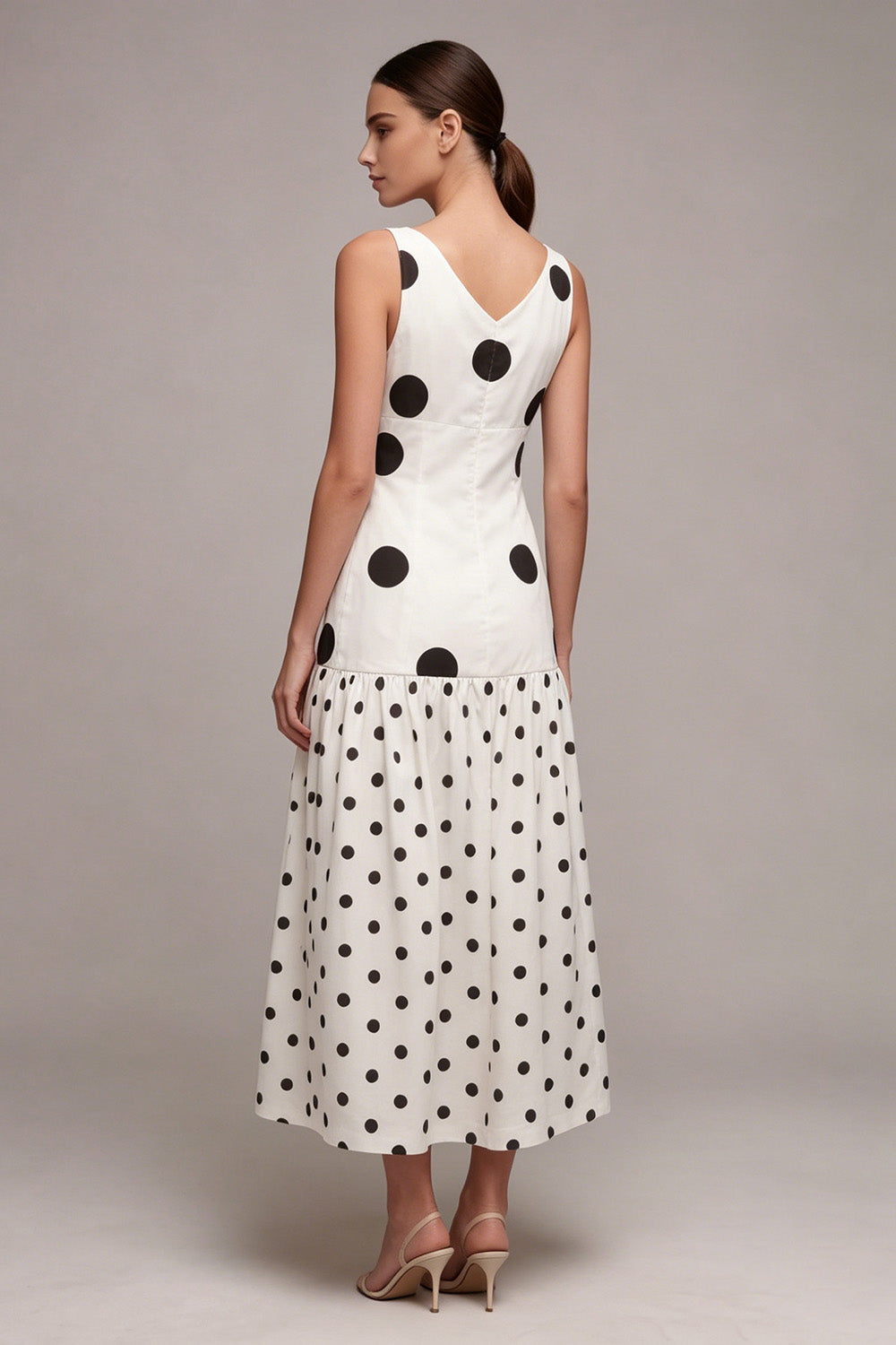 White and Black Cowl Neck A Line Maxi Polka Dots Dress