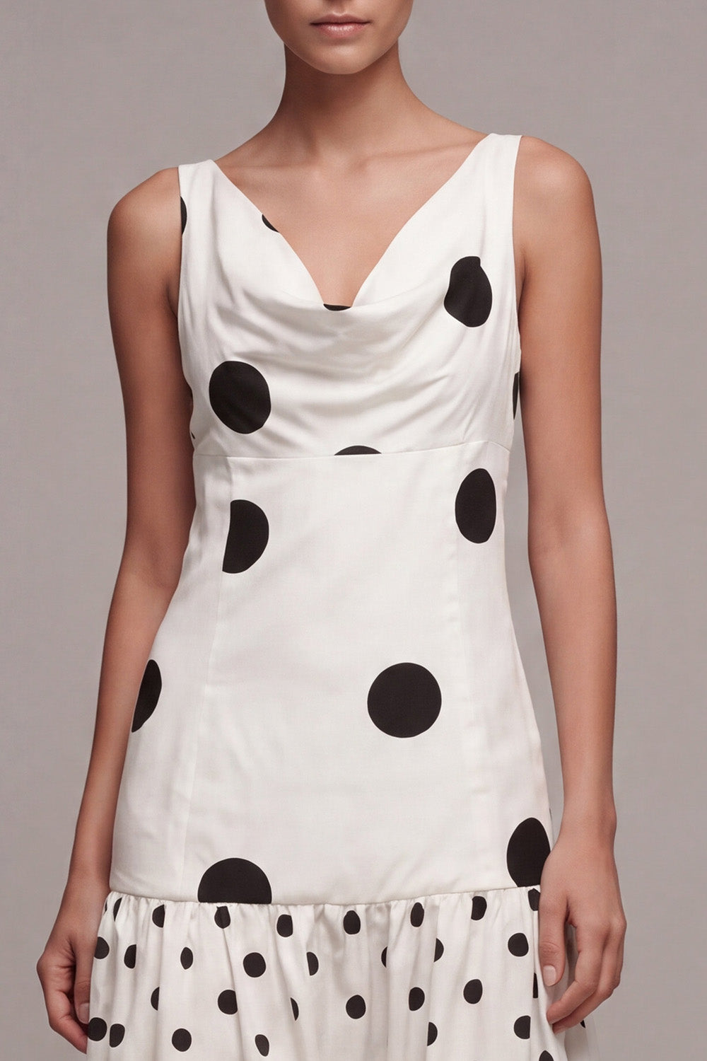 White and Black Cowl Neck A Line Maxi Polka Dots Dress