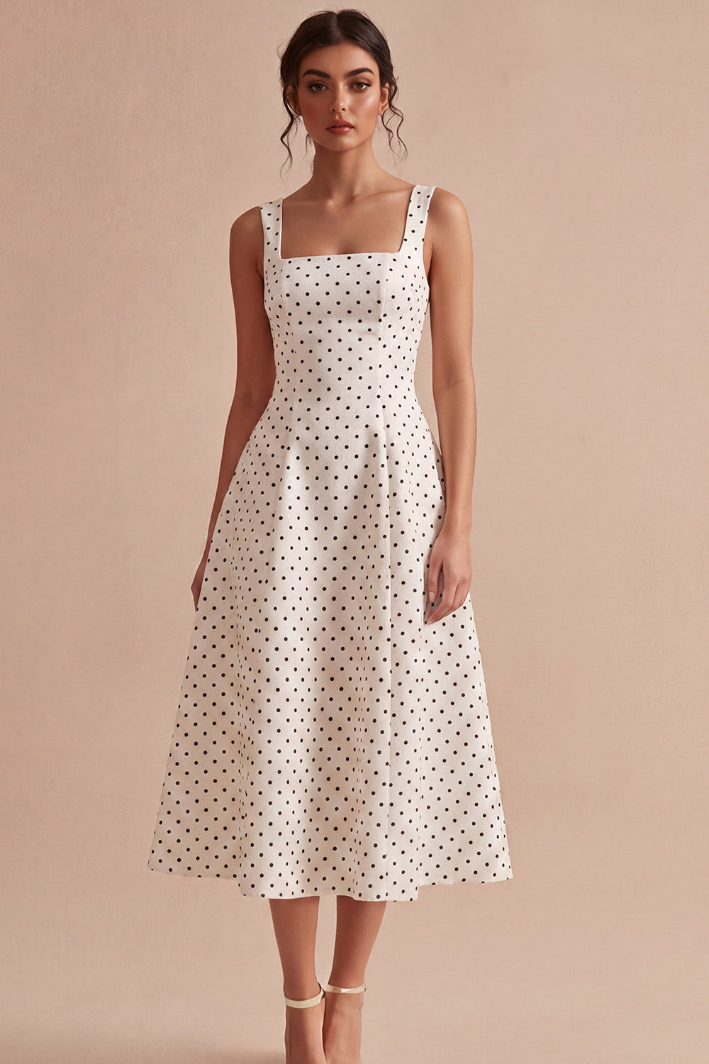 White and Black Thick Straps A Line Maxi Polka Dots Dress