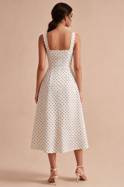 White and Black Thick Straps A Line Maxi Polka Dots Dress