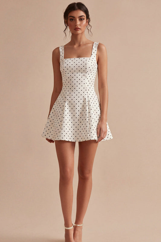 A Line Short White and Black Thick Straps Polka Dots Dress