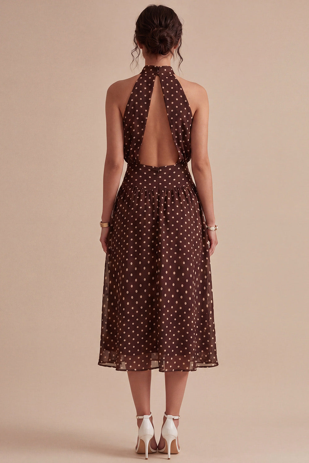 Coffee and White High Neck A Line Maxi Polka Dots Dress
