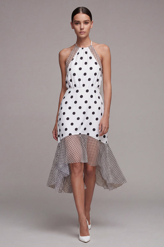 White and Black Halter High Low Polka Dots Dress